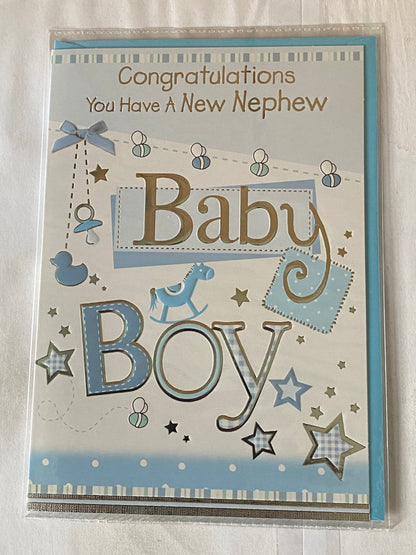 Congratulations You Have A New Nephew Baby Boy Born Birth Card White/Blue/Silver-Words/Stars/Rocking Horse Foil Detail(PH35652A)