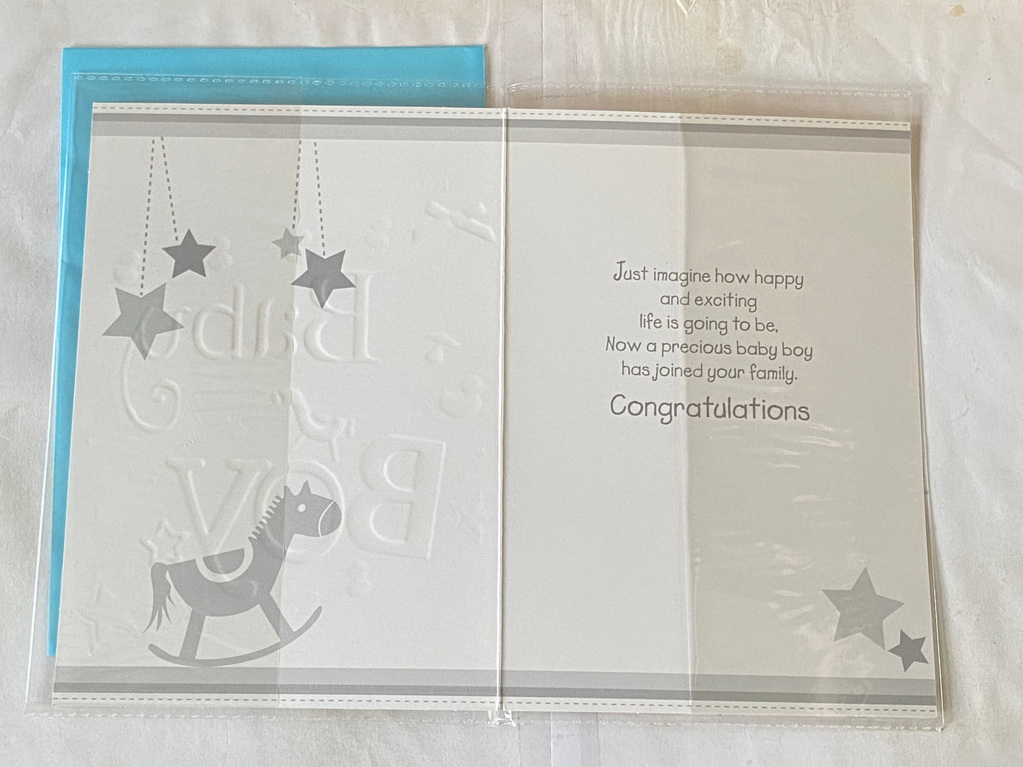 Congratulations You Have A New Nephew Baby Boy Born Birth Card White/Blue/Silver-Words/Stars/Rocking Horse Foil Detail(PH35652A)