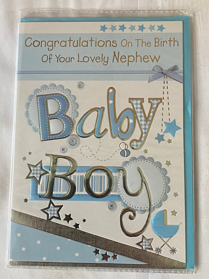 Congratulations On The Birth Of Your Lovely Nephew Baby Boy Born Birth Card White/Blue/Silver-Words/Stars/Pram Foil Detail(PH35652E)