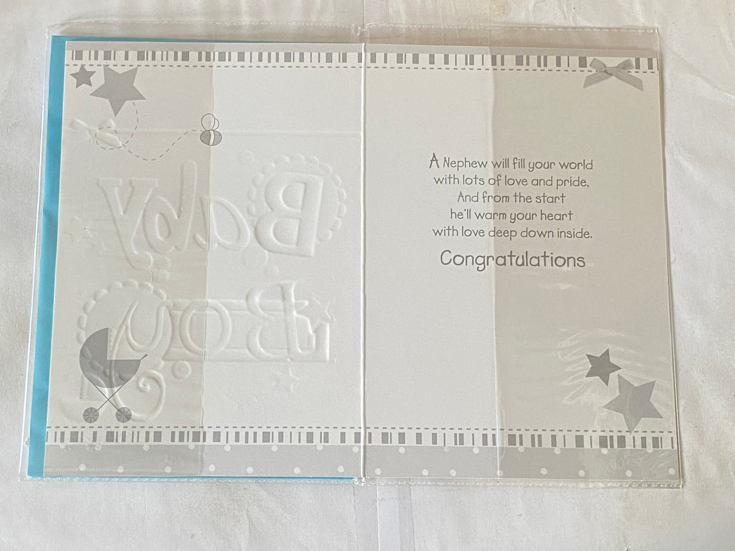 Congratulations On The Birth Of Your Lovely Nephew Baby Boy Born Birth Card White/Blue/Silver-Words/Stars/Pram Foil Detail(PH35652E)