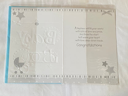 Congratulations On The Birth Of Your Lovely Nephew Baby Boy Born Birth Card White/Blue/Silver-Words/Stars/Pram Foil Detail(PH35652E)