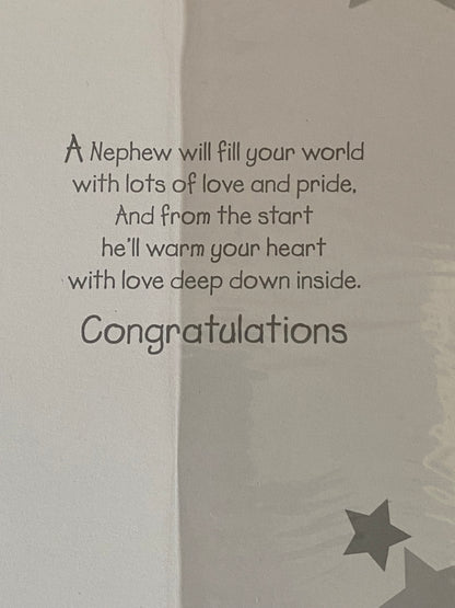 Congratulations On The Birth Of Your Lovely Nephew Baby Boy Born Birth Card White/Blue/Silver-Words/Stars/Pram Foil Detail(PH35652E)