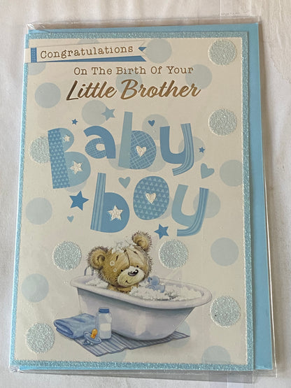 Congratulations On The Birth of Your Little Brother New Baby Boy Born Card Teddy/White Bath/Blue Duck/Blue Spots Glitter/Foil Detail(PH47359E)