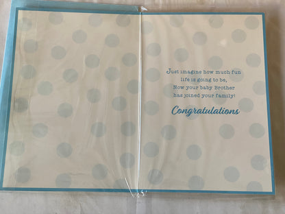 Congratulations On The Birth of Your Little Brother New Baby Boy Born Card Teddy/White Bath/Blue Duck/Blue Spots Glitter/Foil Detail(PH47359E)