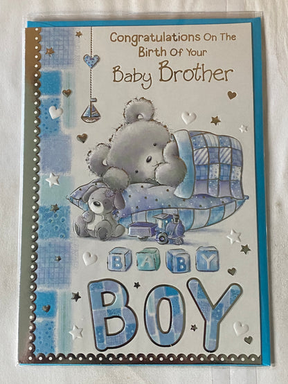 Congratulations On The Birth of Your Baby Brother New Baby Boy Born Card Grey Teddy/Blue Check Blanket Foil Detail(PH37268E)