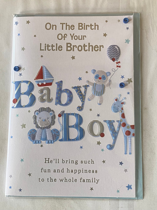 On The Birth Of Your Little Brother Baby Boy New Baby Born Birth Card White/Blue/Red/Silver Words/Stars Buttons/Foil Detail(PRELUDE45533)