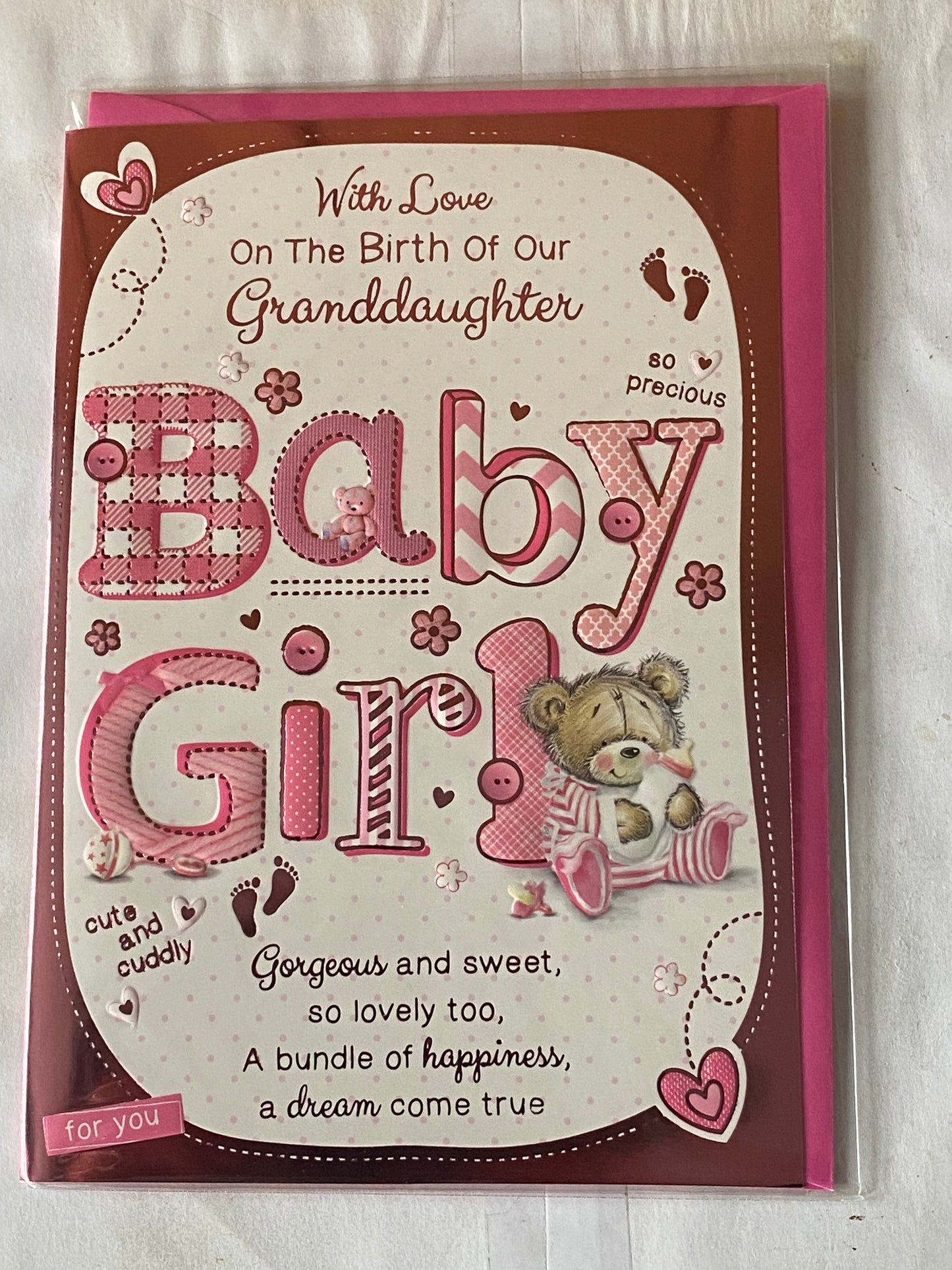 With Love On The Birth Of Our Granddaughter Baby Girl New Baby Born Card From The Grandparents White/Pink Baby Teddy/Bottle Foil Detail(PH42352B)