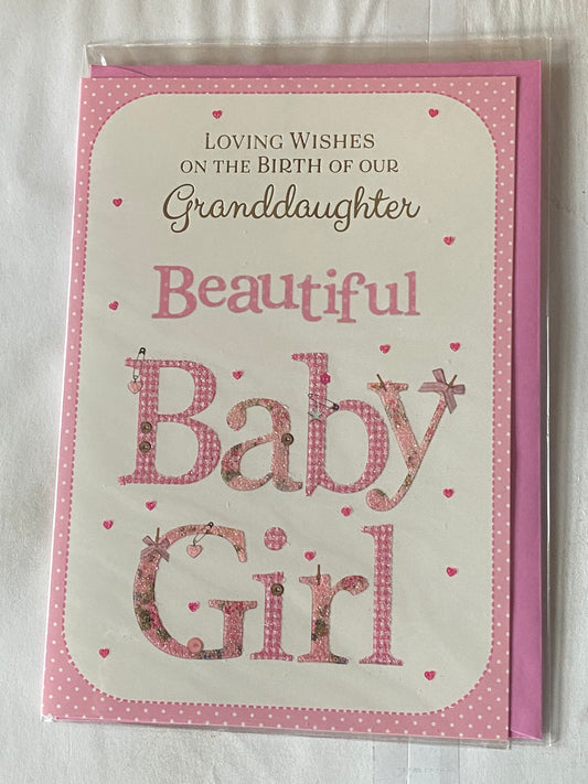 Loving Wishes On The Birth of Our Granddaughter Beautiful Baby Girl New Baby Girl Born Card from The Grandparents White/Pink Words/Hearts Glitter/Foil Detail(PH44848A)