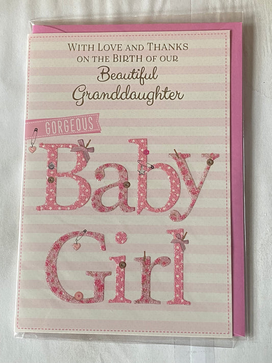 With Love And Thanks On The Birth of Our Beautiful Granddaughter Gorgeous Baby Girl New Baby Girl Born Card from The Grandparents White/Pink Words/Stripes Glitter/Foil Detail(PH44848E)