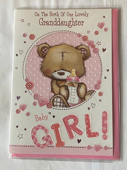 On The Birth of Our Lovely Granddaughter New Baby Girl Born Card From Grandparents White/Pink Teddy/Bottle Glitter/Foil Detail(PH43644A)