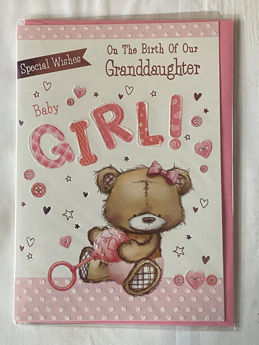 Special Wishes On The Birth Of Our Granddaughter New Baby Girl Born Card From Grandparents White/Pink Teddy/Rattle Glitter/Foil Detail(PH43644E)