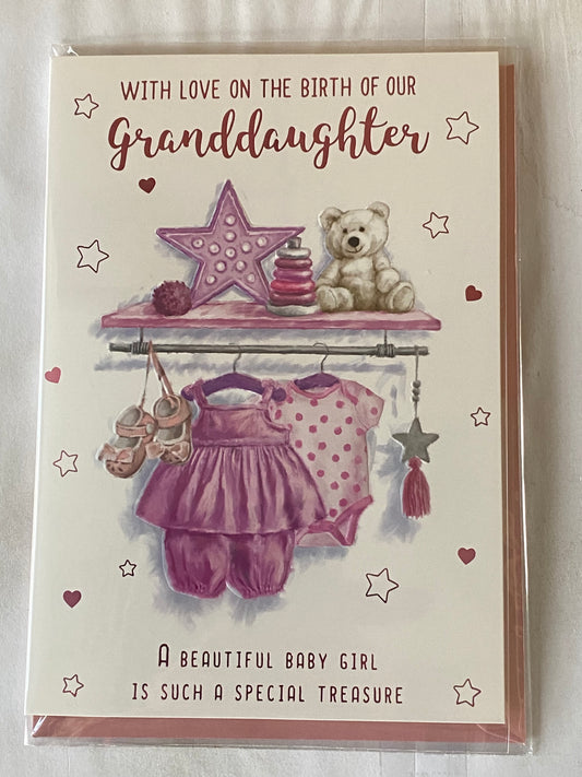 With Love On The Birth of Our Granddaughter New Baby Girl Born Card from The Grandparents Purple/Pink Baby Clothes/Purple Star Foil Detail(VA215A)