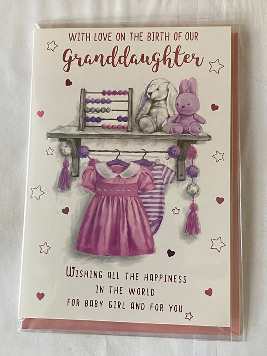 With Love On The Birth of Our Granddaughter New Baby Girl Born Card from The Grandparents Purple/Pink Baby Clothes/Rabbits Foil Detail(VA215E)