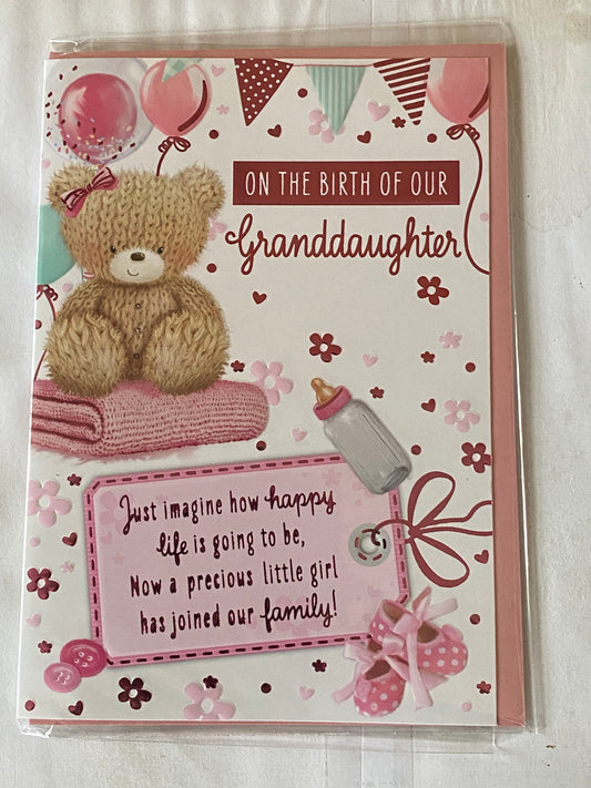 On The Birth of Our Granddaughter New Baby Girl Born Card From The Grandparents Teddy Sat On Pink Blanket/Balloons/Bunting/Pink Words Foil Detail(PH48411A)