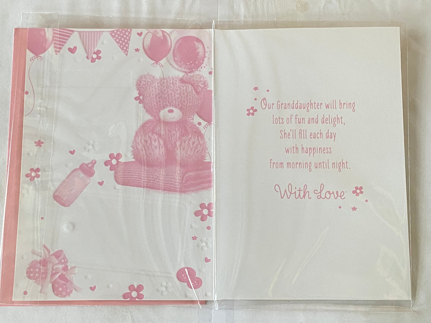 On The Birth of Our Granddaughter New Baby Girl Born Card From The Grandparents Teddy Sat On Pink Blanket/Balloons/Bunting/Pink Words Foil Detail(PH48411A)