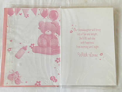 On The Birth of Our Granddaughter New Baby Girl Born Card From The Grandparents Teddy Sat On Pink Blanket/Balloons/Bunting/Pink Words Foil Detail(PH48411A)