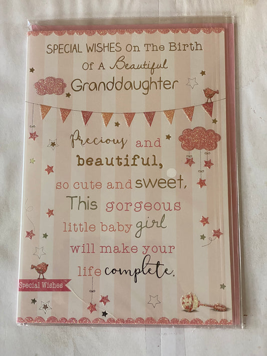 Special Wishes On The Birth Of A Beautiful Granddaughter New Baby Girl Born Card Our From The Grandparents Pink/Silver Words/Stripes/Bunting Glitter/Foil Detail(PH41078E)