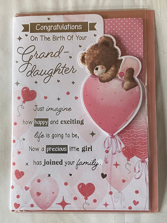 Congratulations On The Birth of Your Granddaughter New Baby Card To Grandparents Teddy/Pink Balloon/Silver Words 3D/Glitter/Foil Detail(PRELUDE48267)