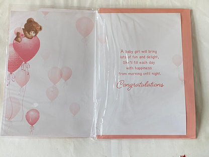 Congratulations On The Birth of Your Granddaughter New Baby Card To Grandparents Teddy/Pink Balloon/Silver Words 3D/Glitter/Foil Detail(PRELUDE48267)