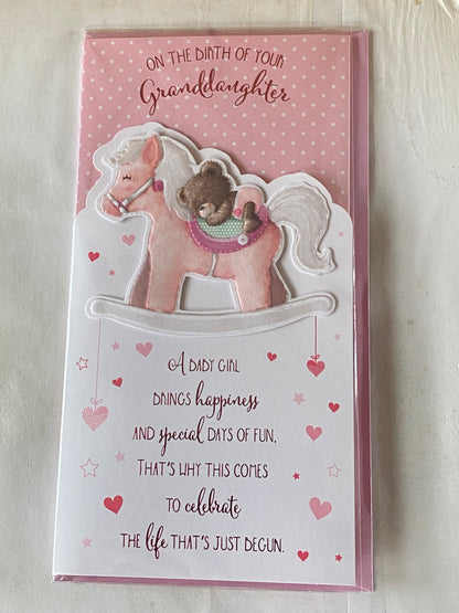 On The Birth Of Your Granddaughter New Baby Born Card To The Grandparents White/Pink Teddy/Rocking Horse/Words 3D/Foil Detail(PRELUDE45538)