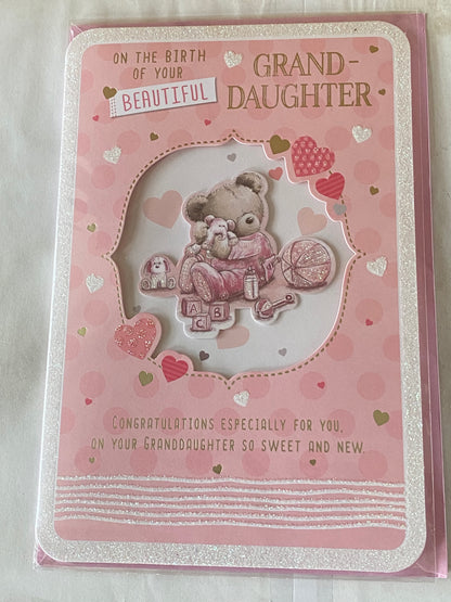 On The Birth Of Your Beautiful Granddaughter New Baby Born Card To The Grandparents Pink/White Teddy/Toys/Words 3D/Glitter/Foil Detail(PRELUDE45546)