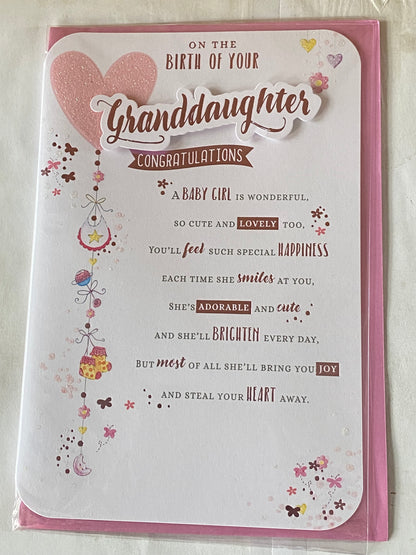 On The Birth of Your Granddaughter Congratulations New Baby Girl Born Card To Grandparents Pink Glitter Heart/Words 3D/Glitter/Foil Detail(PRELUDE47315)