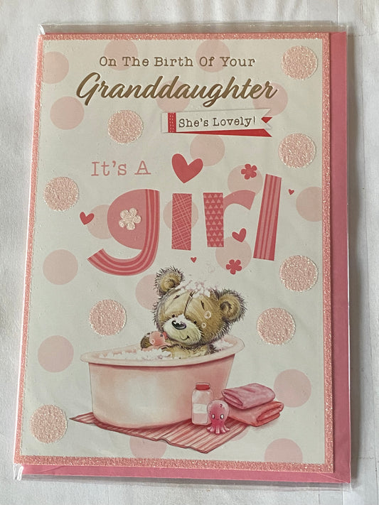 On The Birth of Your Granddaughter She's Lovely! It's A Girl New Baby Girl Born Card To The Grandparents Teddy/Pink Bath/Pink Octopus/Pink Spots Glitter/Foil Detail(PH47358A)