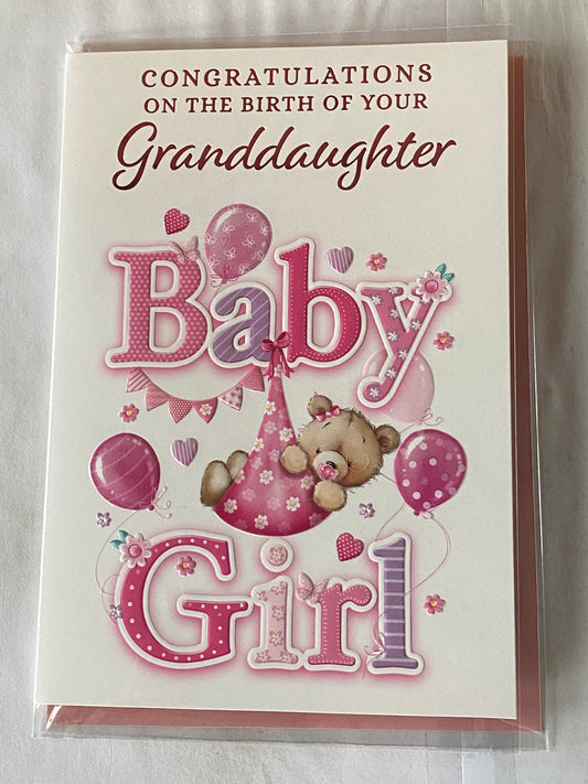 Congratulations On The Birth of Your Granddaughter New Baby Girl Born Card to Grandparents Teddy/Pink Blanket/Pink Balloons Foil Detail(VA214A)