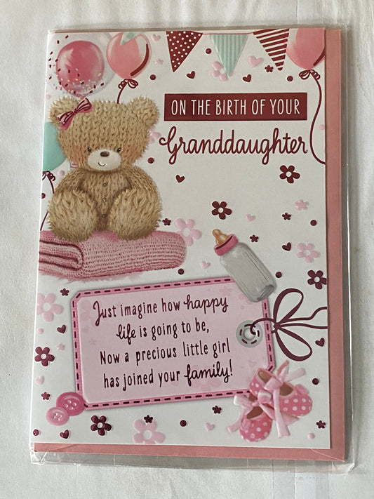 On The Birth of Your Granddaughter New Baby Girl Born Card To The Grandparents Teddy Sat On Pink Blanket/Balloons/Bunting/Pink Words Foil Detail(PH48411A)