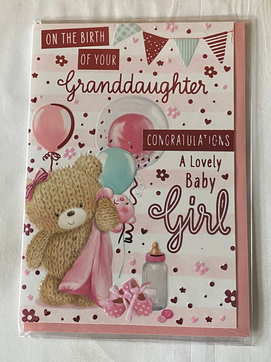 On The Birth of Your Granddaughter Congratulations A Lovely Baby Girl New Baby Born Card To The Grandparents Teddy Holding Pink Blanket/Balloons/Bunting/Pink Words Foil Detail(PH48411E)