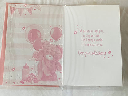 On The Birth of Your Granddaughter Congratulations A Lovely Baby Girl New Baby Born Card To The Grandparents Teddy Holding Pink Blanket/Balloons/Bunting/Pink Words Foil Detail(PH48411E)