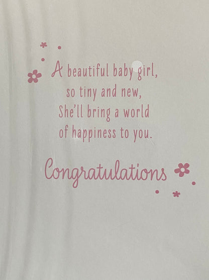 On The Birth of Your Granddaughter Congratulations A Lovely Baby Girl New Baby Born Card To The Grandparents Teddy Holding Pink Blanket/Balloons/Bunting/Pink Words Foil Detail(PH48411E)