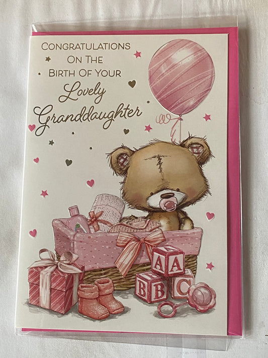 Congratulations On The Birth of Your Lovely Granddaughter New Baby Girl Born Card to The Grandparents Baby Teddy/Pink Present/Pink Balloon+Booties Foil Detail(PH45871E)