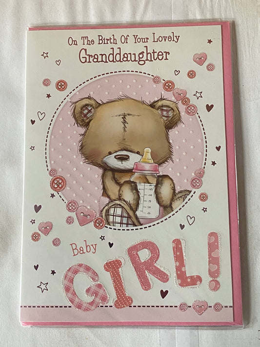 On The Birth of Your Lovely Granddaughter Baby Girl! New Baby Girl Born Card to The Grandparents White/Pink Teddy/Bottle Glitter/Foil Detail(PH43644A)