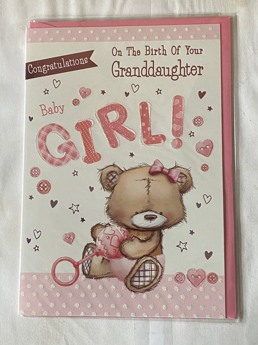 Congratulations On The Birth of Your Granddaughter Baby Girl! New Baby Girl Born Card to The Grandparents White/Pink Teddy/Rattle Glitter/Foil Detail(PH43644E)