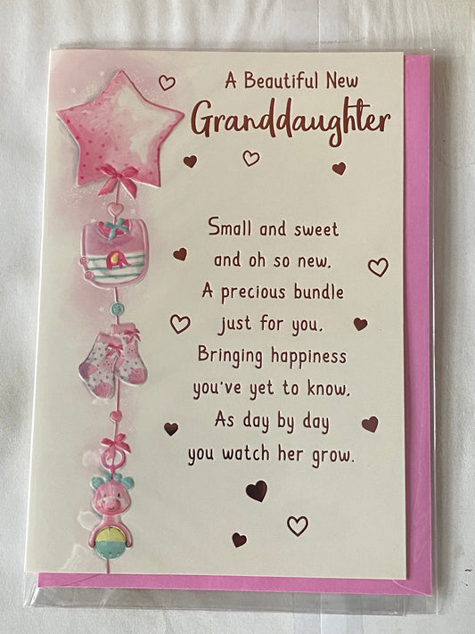 A Beautiful New Granddaughter Birth Your Granddaughter New Baby Girl Born Card to The Grandparents Pink Star/Bib/Booties/Rattle/Words Foil Detail(PH49499A)