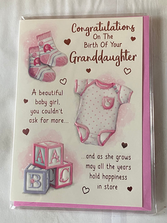 Congratulations On The Birth Of Your Granddaughter New Baby Girl Born Card to The Grandparents White/Pink Socks/Baby Grow/Toy Bricks/Words Foil Detail(PH49499E)