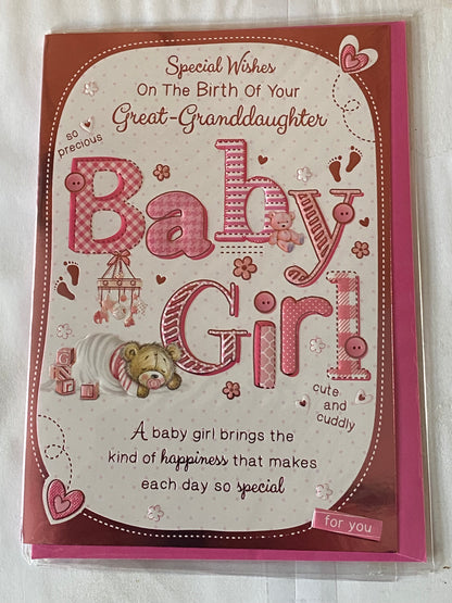 Special Wishes On The Birth Of Your Great-Granddaughter Baby Girl New Baby Born Card To The Great-Grandparents White/Pink Teddy/Mobile Foil Detail(PH42352A)