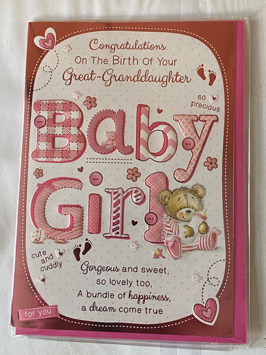 Congratulations On The Birth Of Your Great-Granddaughter Baby Girl New Baby Born Card To The Great-Grandparents White/Pink Teddy/Bottle Foil Detail(PH42352E)