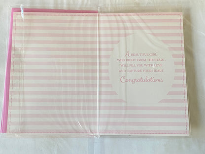 Congratulations On The Birth of Your Great-Granddaughter Gorgeous Baby Girl New Baby Girl Born Card To The Great-Grandparents White/Pink Words/Stripes Glitter/Foil Detail(PH44848E)