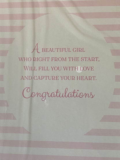 Congratulations On The Birth of Your Great-Granddaughter Gorgeous Baby Girl New Baby Girl Born Card To The Great-Grandparents White/Pink Words/Stripes Glitter/Foil Detail(PH44848E)