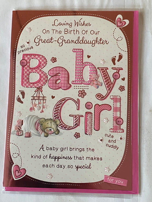 Loving Wishes On The Birth Of Our Great-Granddaughter Baby Girl New Baby Born Card From The Great-Grandparents White/Pink Baby Teddy/Mobile Foil Detail(PH42352A)