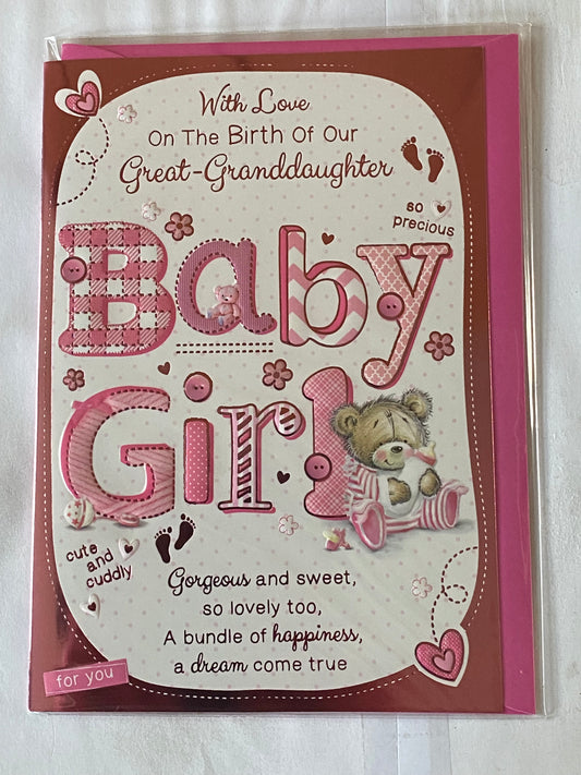 With Love On The Birth Of Our Great-Granddaughter Baby Girl New Baby Born Card From The Great-Grandparents White/Pink Baby Teddy/Bottle Foil Detail(PH42352E)