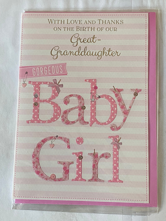 With Love And Thanks On The Birth of Our Great-Granddaughter Gorgeous Baby Girl New Baby Girl Born Card from The Great-Grandparents White/Pink Words/Stripes Glitter/Foil Detail(PH44848E)