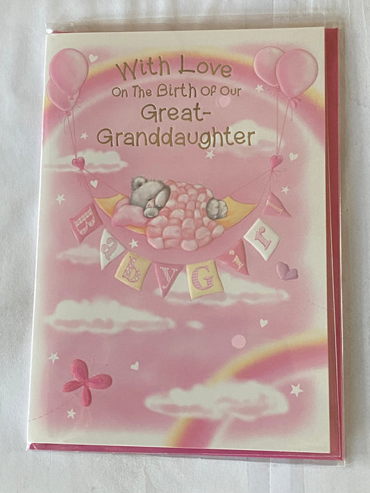 With Love On The Birth of Our Great-Granddaughter New Baby Girl Born Card From The Great-Grandparents White+Pink Teddy/Hammock/Clouds Foil Detail(NC-VA100E))