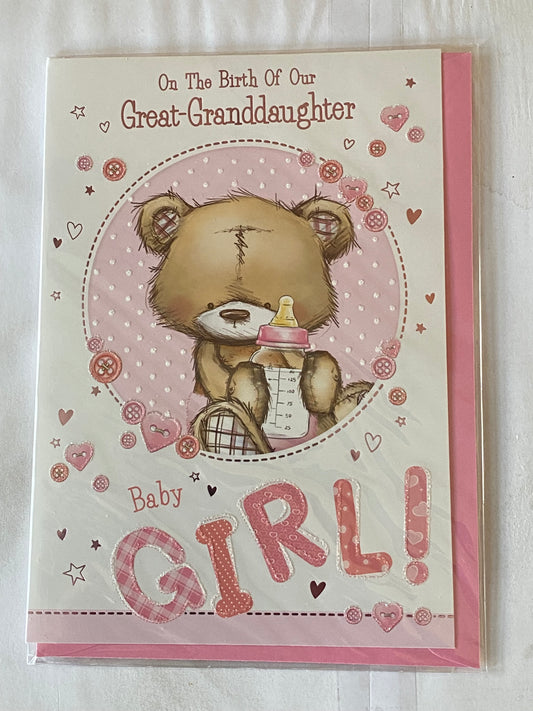 On The Birth of Our Great-Granddaughter New Baby Girl Born Card From Great-Grandparents White/Pink Teddy/Bottle Glitter/Foil Detail(PH43644A)