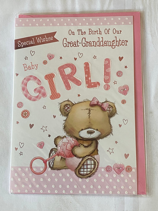 Special Wishes On The Birth Of Our Great-Granddaughter New Baby Girl Born Card From Great-Grandparents White/Pink Teddy/Rattle Glitter/Foil Detail(PH43644E)