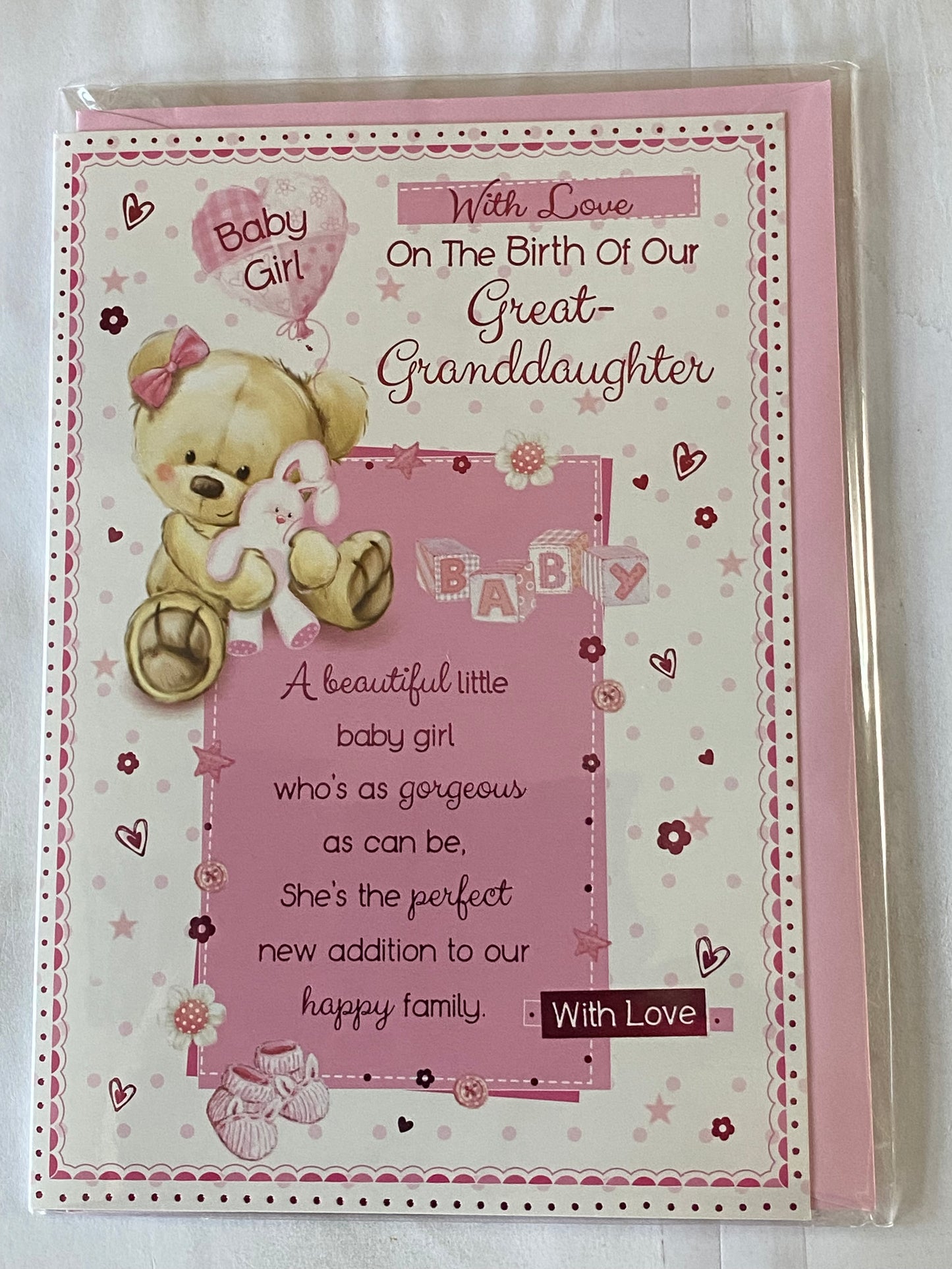 With Love On The Birth Of Our Great-Granddaughter Baby Girl New Baby Born Card From The Great-Grandparents White-Teddy Holding Rabbit/Pink Words Foil Detail(PH41077E)