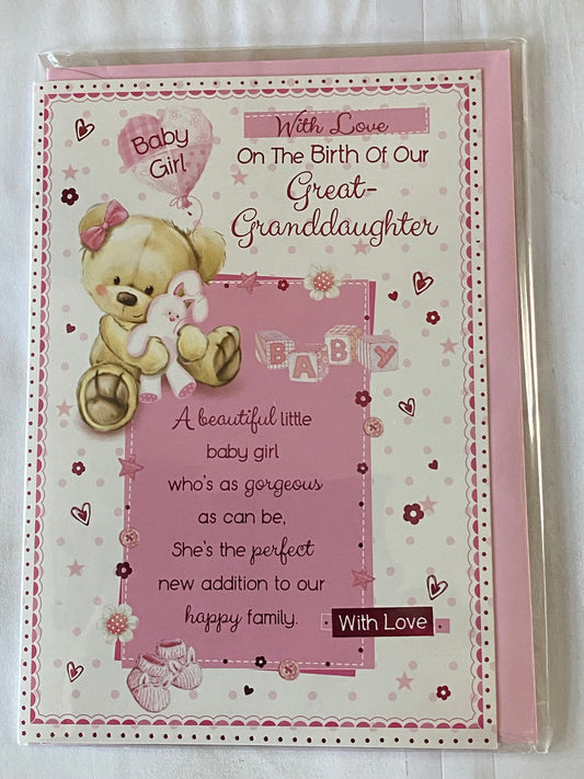 With Love On The Birth Of Our Great-Granddaughter Baby Girl New Baby Born Card From The Great-Grandparents White-Teddy Holding Rabbit/Pink Words Foil Detail(PH41077E)