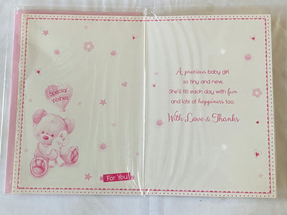 With Love On The Birth Of Our Great-Granddaughter Baby Girl New Baby Born Card From The Great-Grandparents White-Teddy Holding Rabbit/Pink Words Foil Detail(PH41077E)